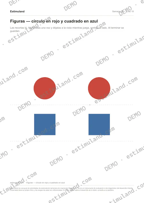 Figuras — círculo en rojo y cuadrado en azul — hoja 5 de 10, en muestra