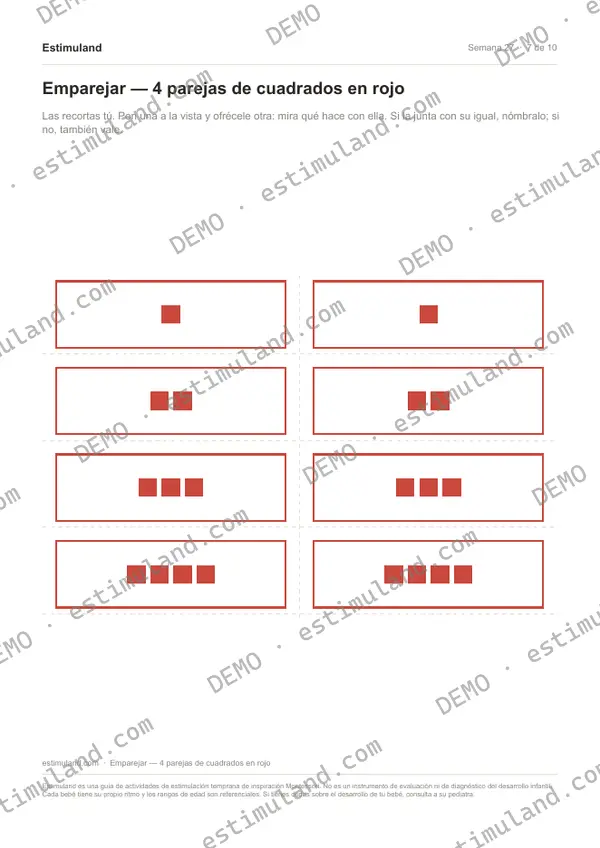 Emparejar — 4 parejas de cuadrados en rojo — hoja 7 de 10, en muestra