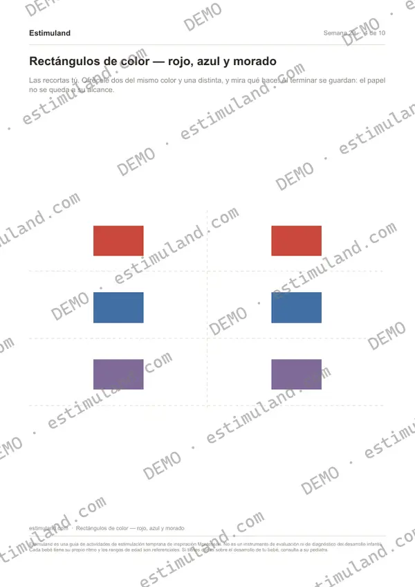 Rectángulos de color — rojo, azul y morado — hoja 4 de 10, en muestra