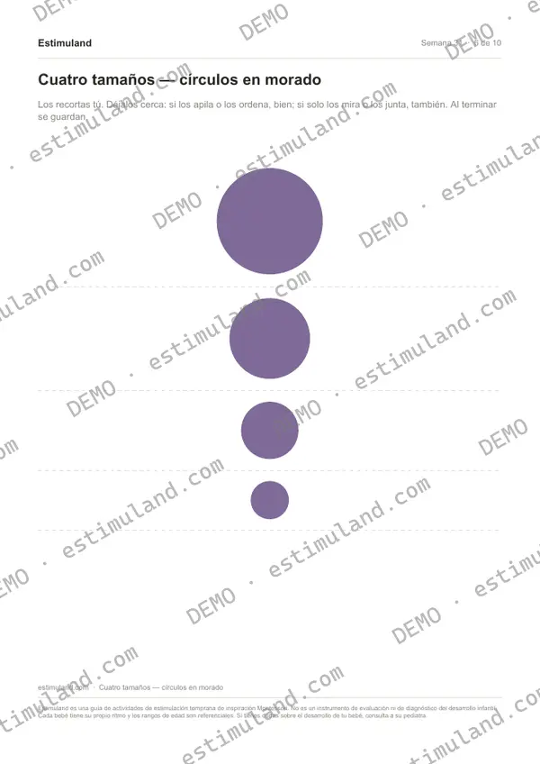 Cuatro tamaños — círculos en morado — hoja 6 de 10, en muestra