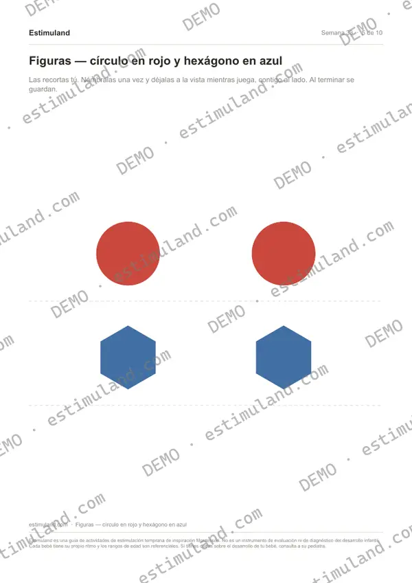 Figuras — círculo en rojo y hexágono en azul — hoja 5 de 10, en muestra