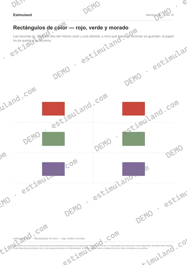 Rectángulos de color — rojo, verde y morado — hoja 4 de 10, en muestra