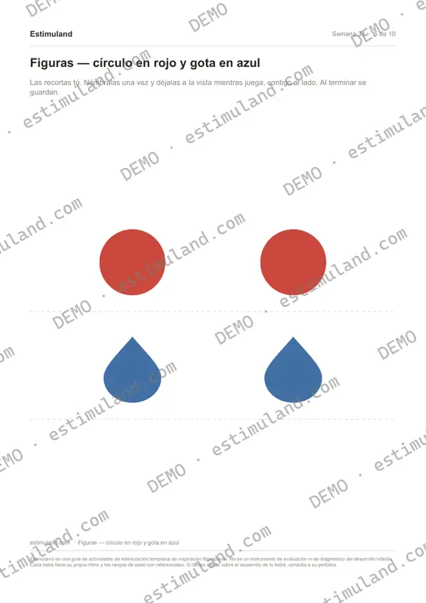 Figuras — círculo en rojo y gota en azul — hoja 5 de 10, en muestra