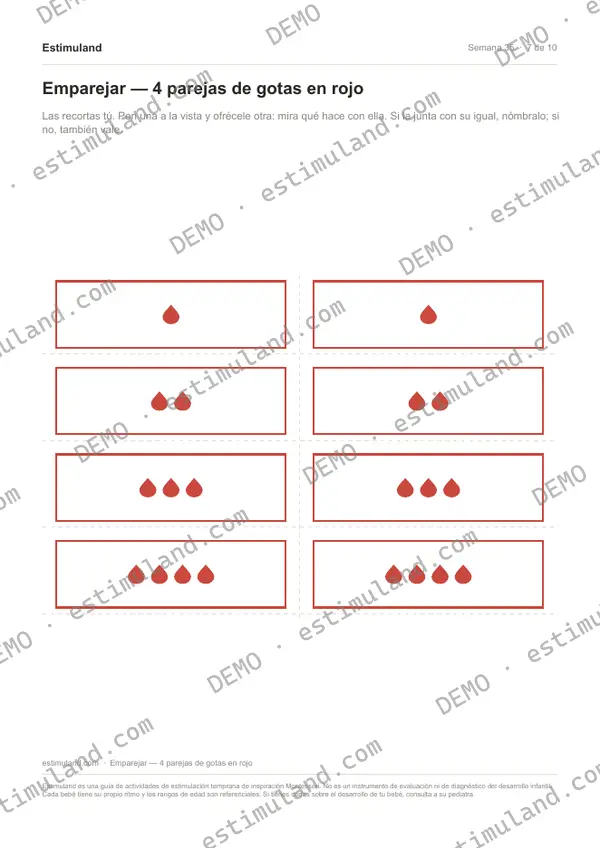 Emparejar — 4 parejas de gotas en rojo — hoja 7 de 10, en muestra