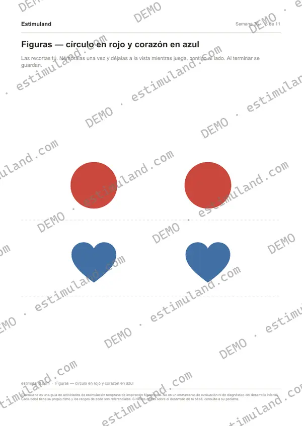 Figuras — círculo en rojo y corazón en azul — hoja 5 de 11, en muestra