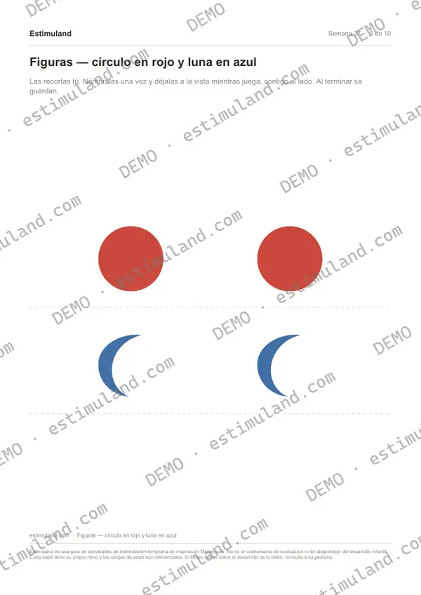 Figuras — círculo en rojo y luna en azul — hoja 5 de 10, en muestra