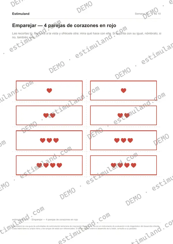 Emparejar — 4 parejas de corazones en rojo — hoja 7 de 10, en muestra