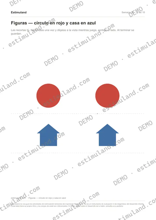 Figuras — círculo en rojo y casa en azul — hoja 5 de 10, en muestra
