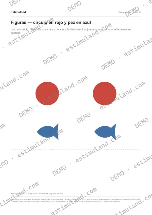 Figuras — círculo en rojo y pez en azul — hoja 5 de 10, en muestra
