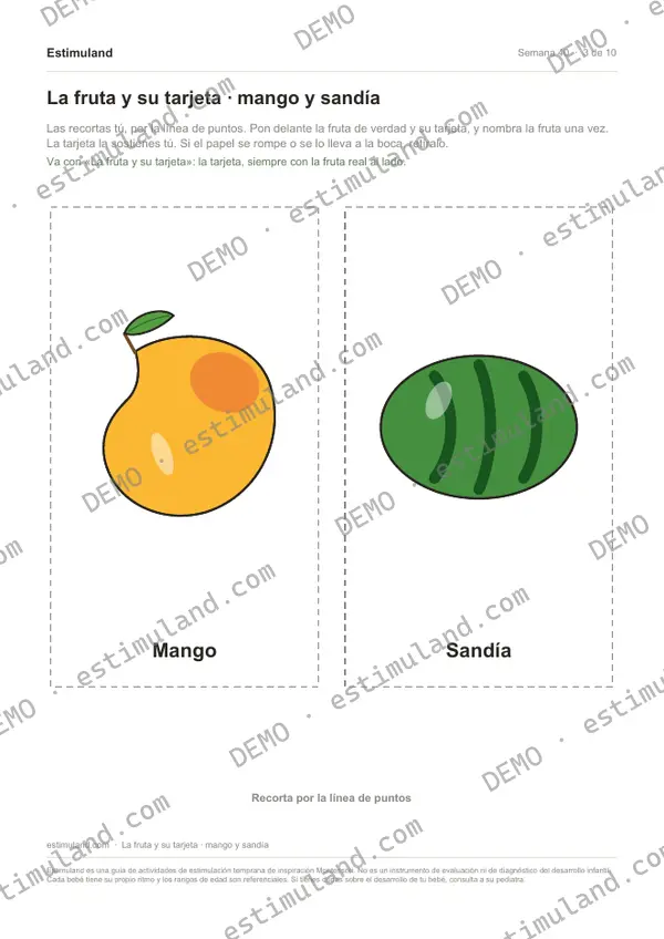 La fruta y su tarjeta · mango y sandía — hoja 3 de 10, en muestra