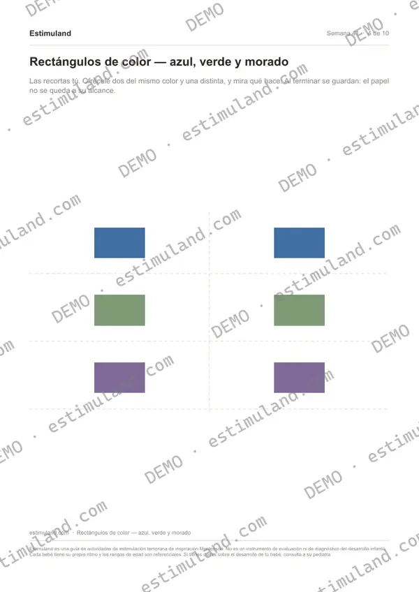 Rectángulos de color — azul, verde y morado — hoja 4 de 10, en muestra