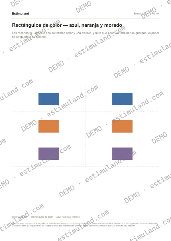 Rectángulos de color — azul, naranja y morado — hoja 4 de 10, en muestra