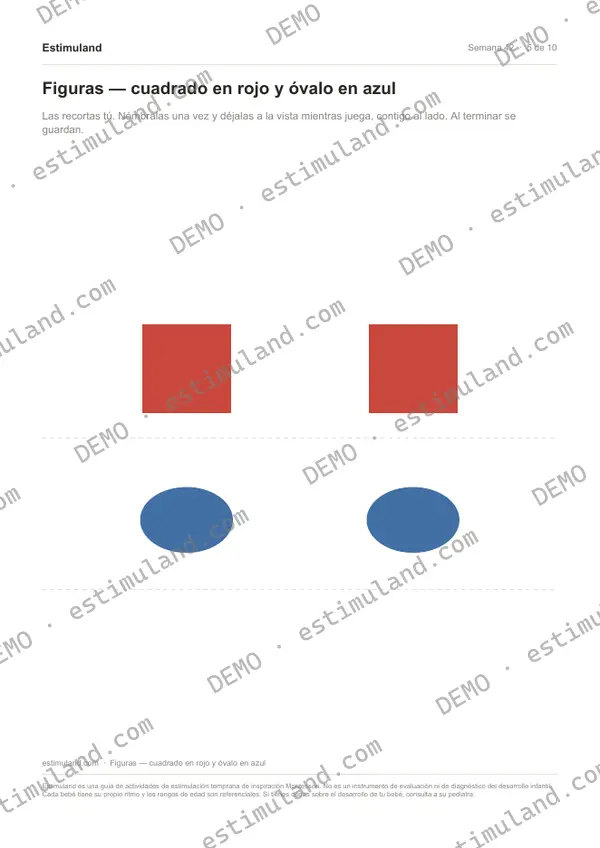 Figuras — cuadrado en rojo y óvalo en azul — hoja 5 de 10, en muestra