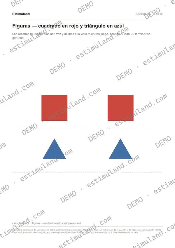 Figuras — cuadrado en rojo y triángulo en azul — hoja 5 de 10, en muestra