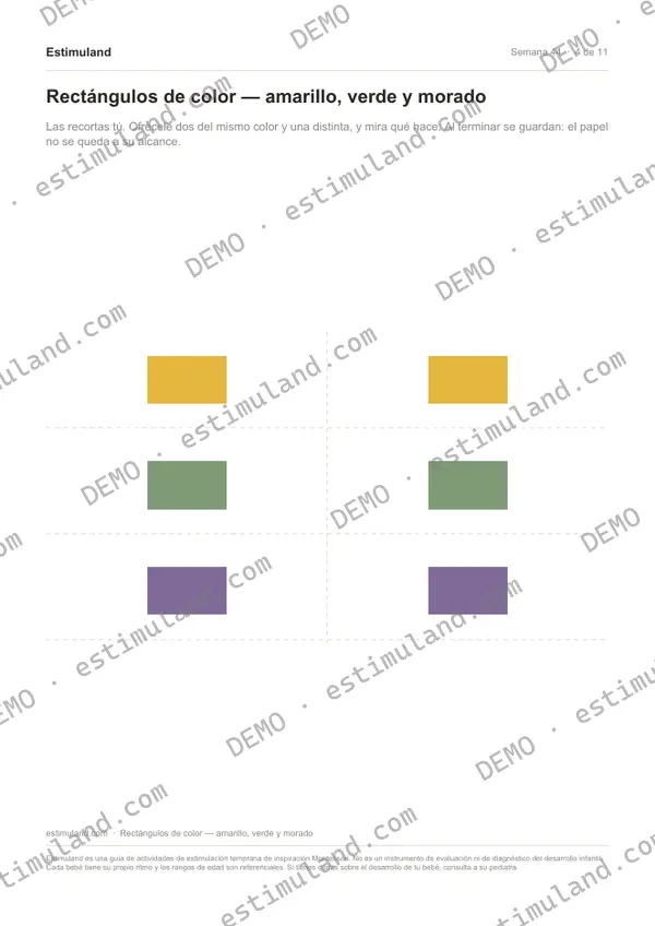 Rectángulos de color — amarillo, verde y morado — hoja 4 de 11, en muestra