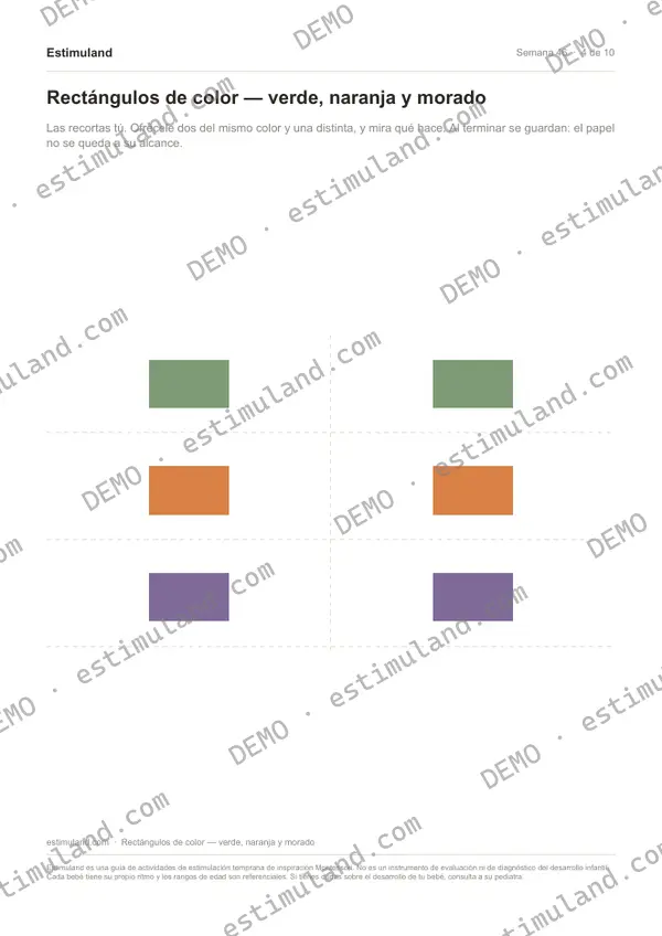 Rectángulos de color — verde, naranja y morado — hoja 4 de 10, en muestra