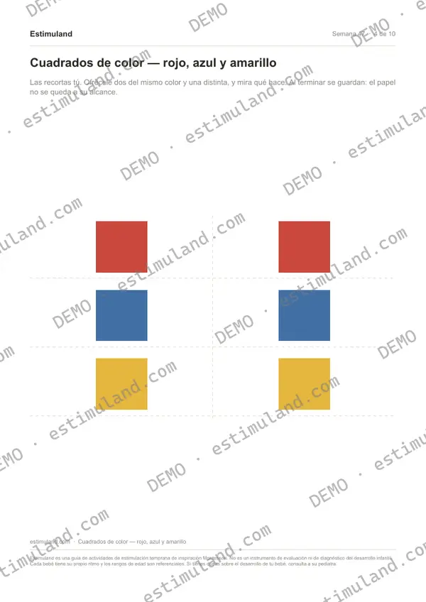 Cuadrados de color — rojo, azul y amarillo — hoja 4 de 10, en muestra