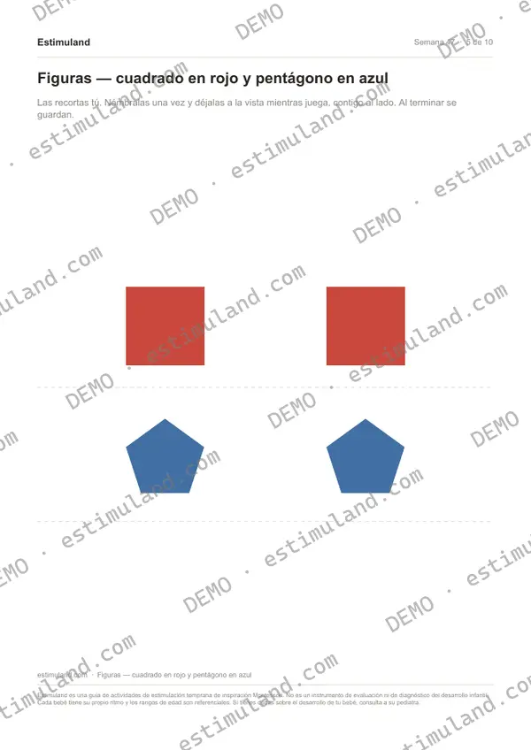 Figuras — cuadrado en rojo y pentágono en azul — hoja 5 de 10, en muestra