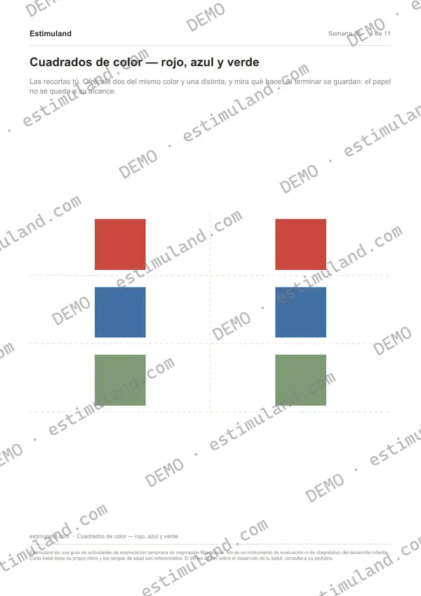 Cuadrados de color — rojo, azul y verde — hoja 4 de 11, en muestra
