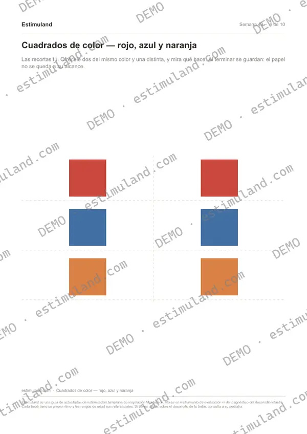 Cuadrados de color — rojo, azul y naranja — hoja 4 de 10, en muestra