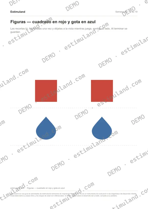 Figuras — cuadrado en rojo y gota en azul — hoja 5 de 10, en muestra