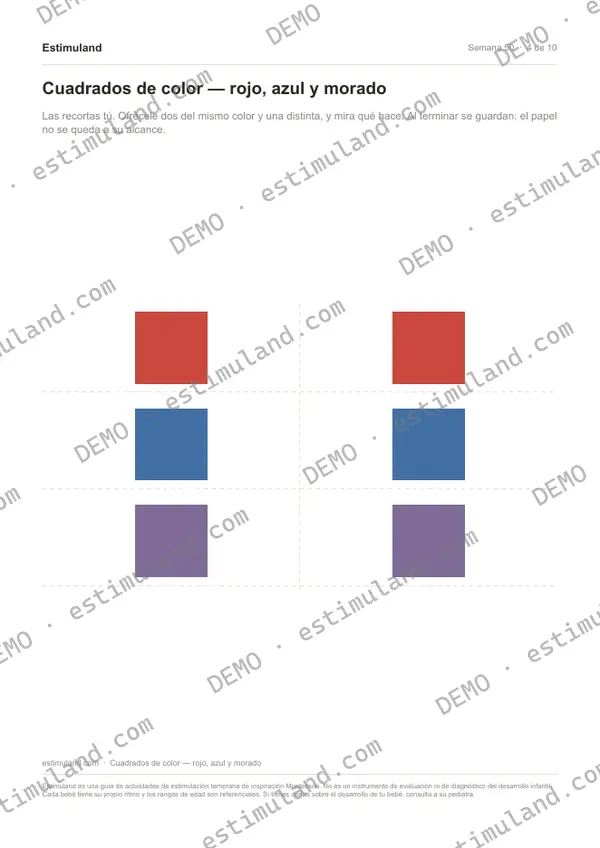 Cuadrados de color — rojo, azul y morado — hoja 4 de 10, en muestra