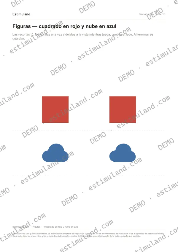 Figuras — cuadrado en rojo y nube en azul — hoja 5 de 10, en muestra