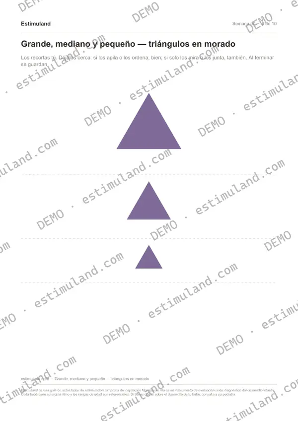 Grande, mediano y pequeño — triángulos en morado — hoja 6 de 10, en muestra