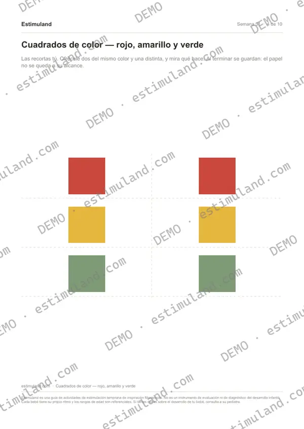 Cuadrados de color — rojo, amarillo y verde — hoja 4 de 10, en muestra