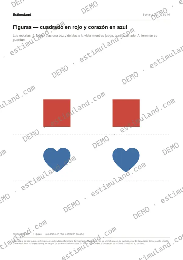 Figuras — cuadrado en rojo y corazón en azul — hoja 5 de 10, en muestra
