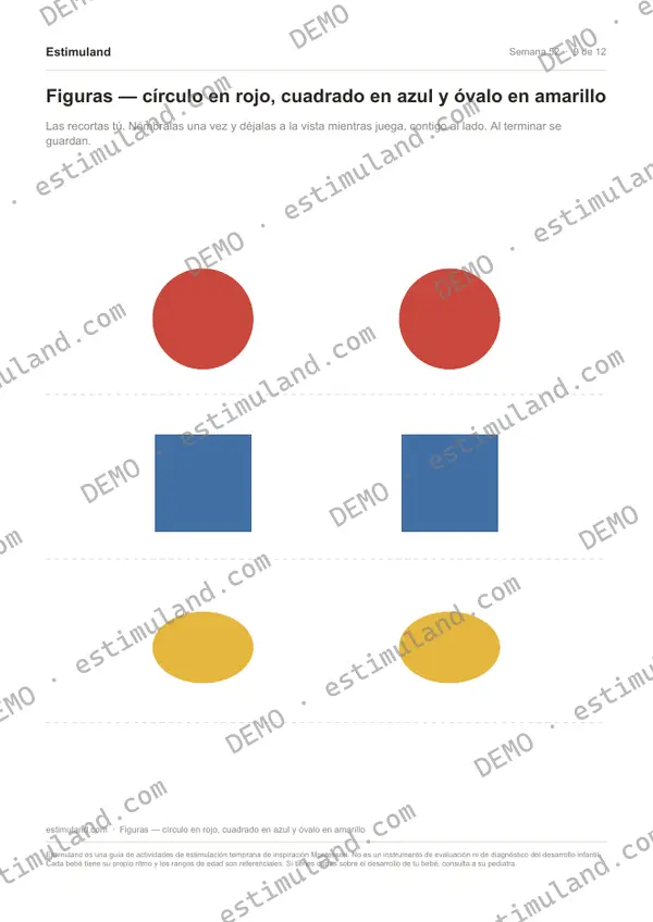 Figuras — círculo en rojo, cuadrado en azul y óvalo en amarillo — hoja 9 de 12, en muestra