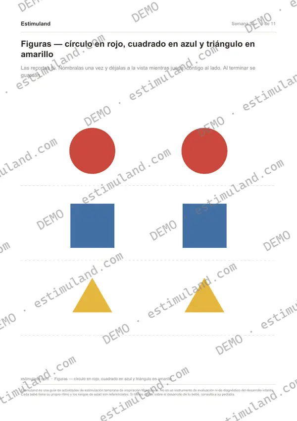 Figuras — círculo en rojo, cuadrado en azul y triángulo en amarillo — hoja 9 de 11, en muestra