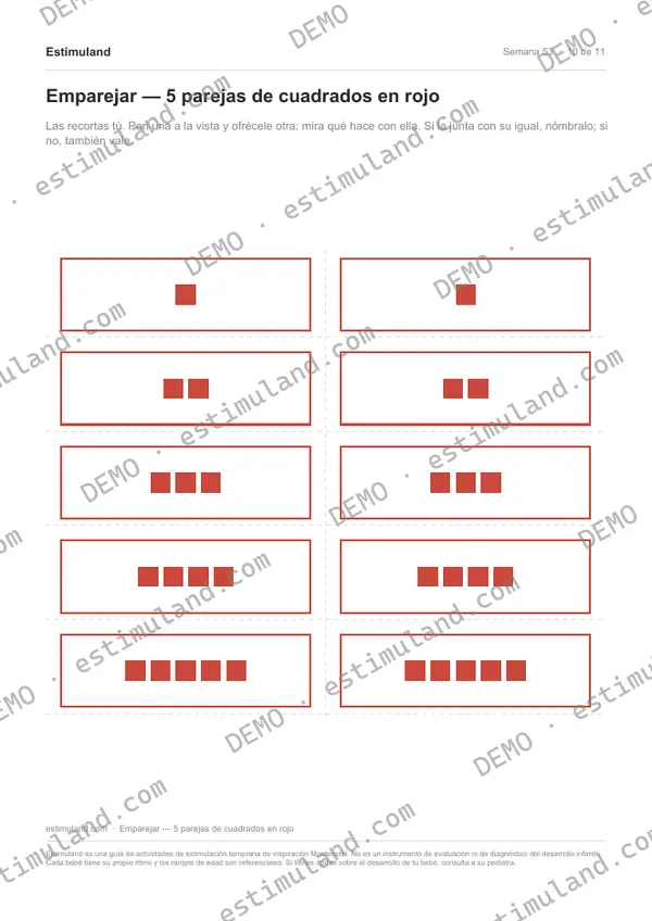 Emparejar — 5 parejas de cuadrados en rojo — hoja 10 de 11, en muestra