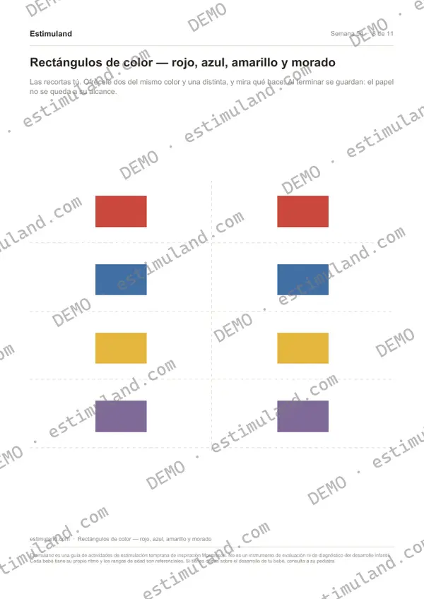 Rectángulos de color — rojo, azul, amarillo y morado — hoja 8 de 11, en muestra