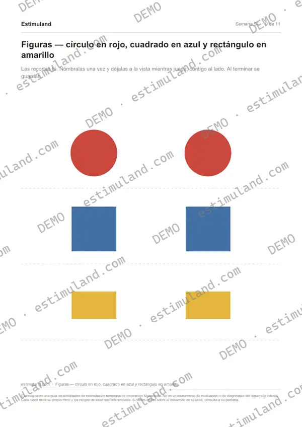 Figuras — círculo en rojo, cuadrado en azul y rectángulo en amarillo — hoja 9 de 11, en muestra