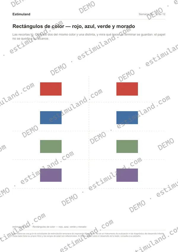 Rectángulos de color — rojo, azul, verde y morado — hoja 8 de 12, en muestra