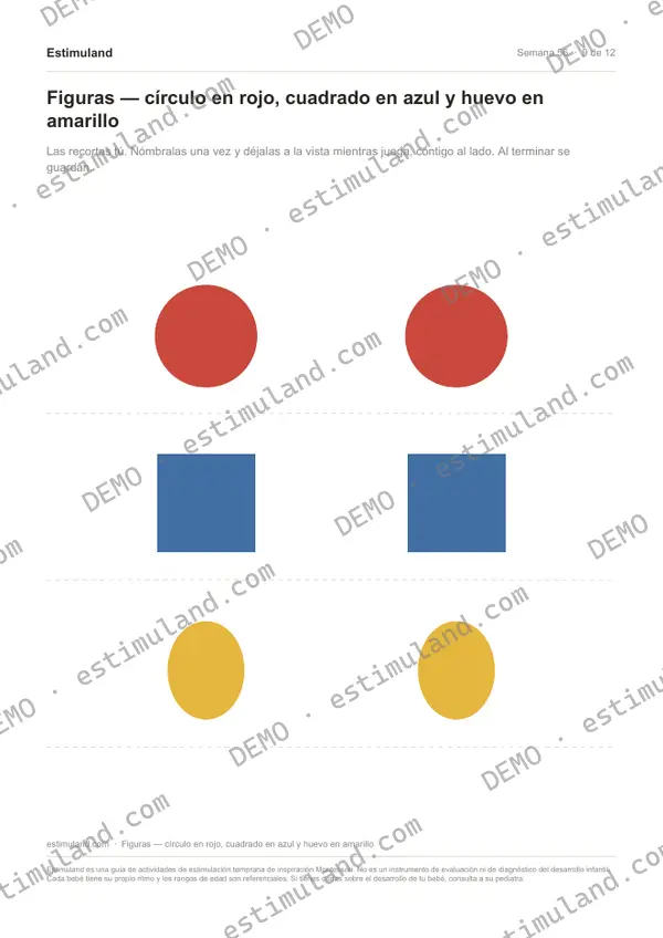 Figuras — círculo en rojo, cuadrado en azul y huevo en amarillo — hoja 9 de 12, en muestra