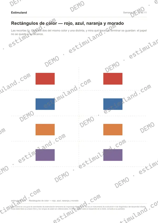 Rectángulos de color — rojo, azul, naranja y morado — hoja 8 de 11, en muestra