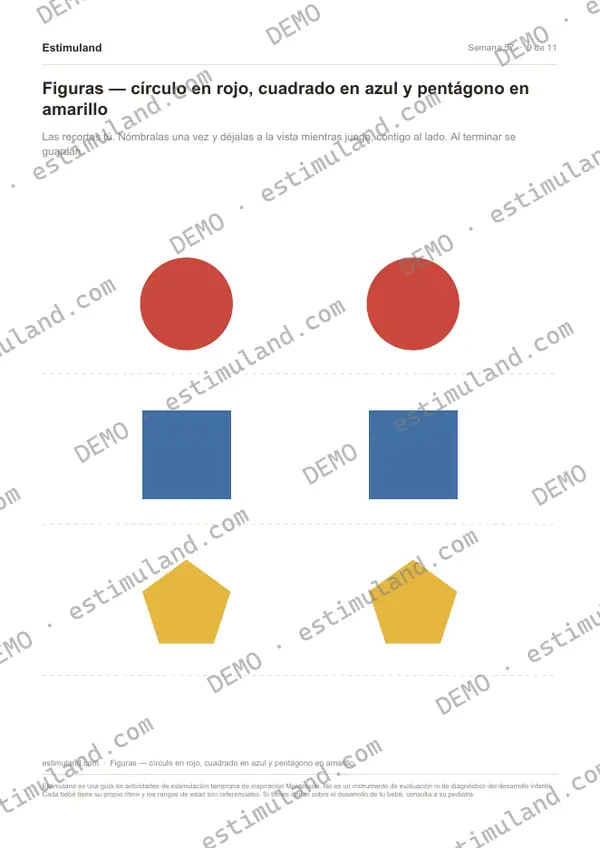 Figuras — círculo en rojo, cuadrado en azul y pentágono en amarillo — hoja 9 de 11, en muestra