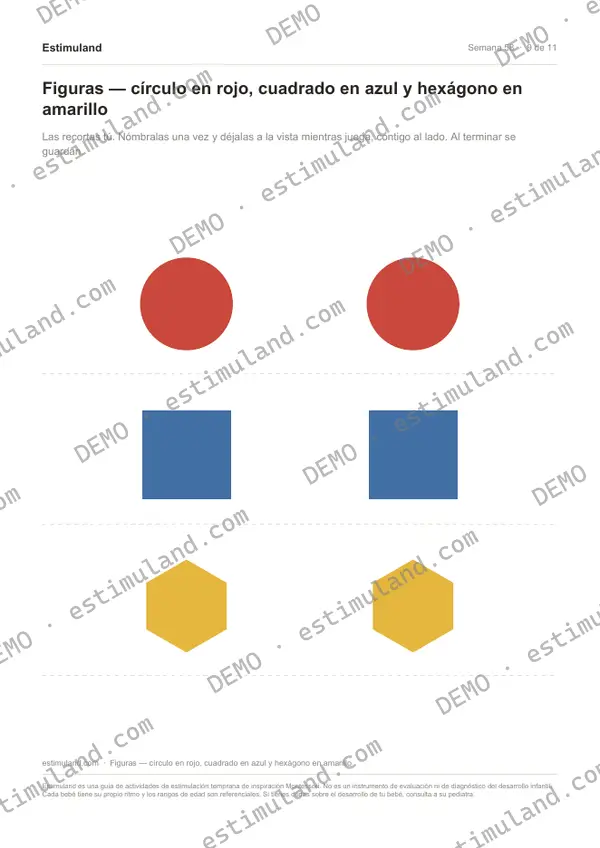Figuras — círculo en rojo, cuadrado en azul y hexágono en amarillo — hoja 9 de 11, en muestra
