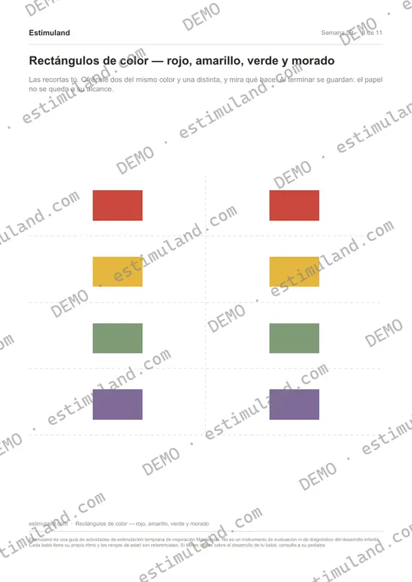 Rectángulos de color — rojo, amarillo, verde y morado — hoja 8 de 11, en muestra