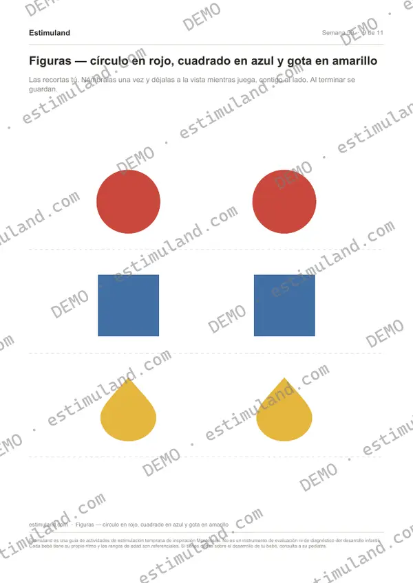 Figuras — círculo en rojo, cuadrado en azul y gota en amarillo — hoja 9 de 11, en muestra