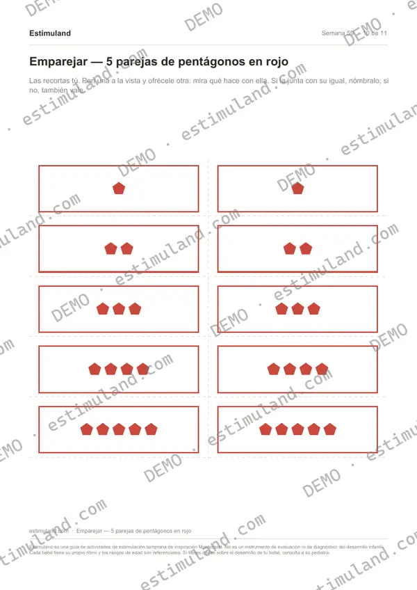 Emparejar — 5 parejas de pentágonos en rojo — hoja 10 de 11, en muestra