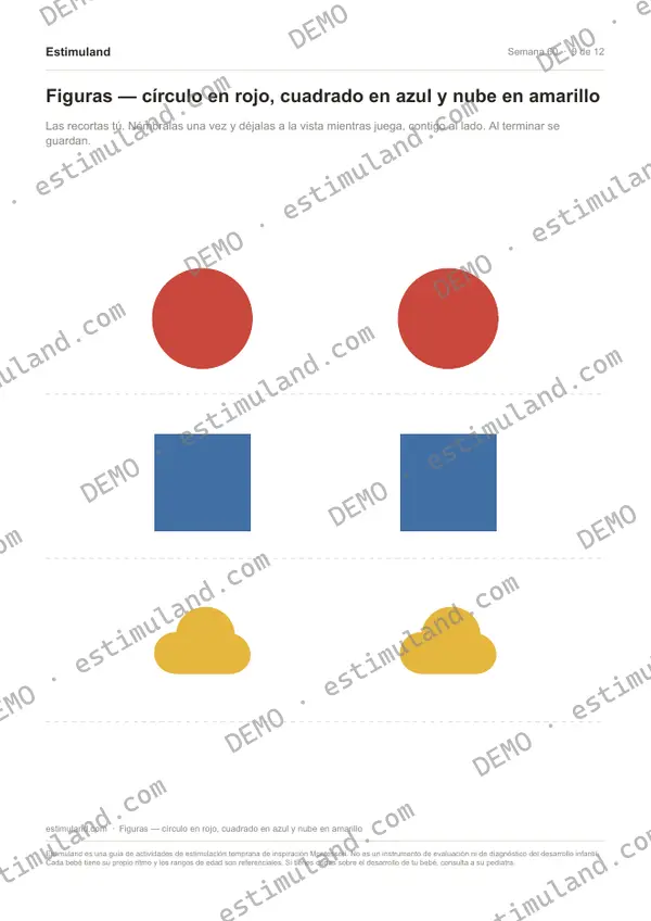 Figuras — círculo en rojo, cuadrado en azul y nube en amarillo — hoja 9 de 12, en muestra
