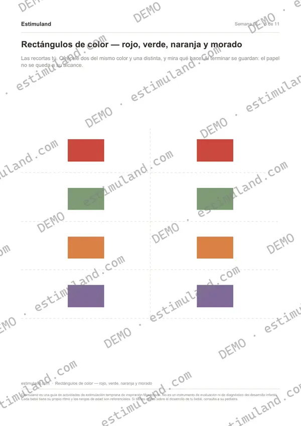 Rectángulos de color — rojo, verde, naranja y morado — hoja 8 de 11, en muestra