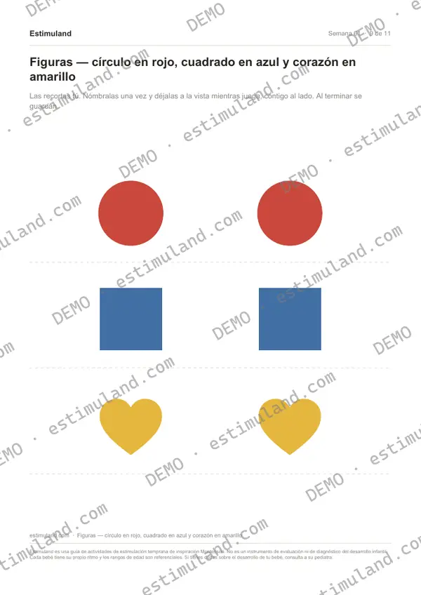 Figuras — círculo en rojo, cuadrado en azul y corazón en amarillo — hoja 9 de 11, en muestra