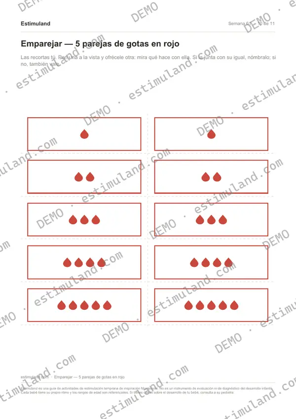 Emparejar — 5 parejas de gotas en rojo — hoja 10 de 11, en muestra
