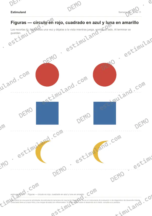 Figuras — círculo en rojo, cuadrado en azul y luna en amarillo — hoja 9 de 11, en muestra