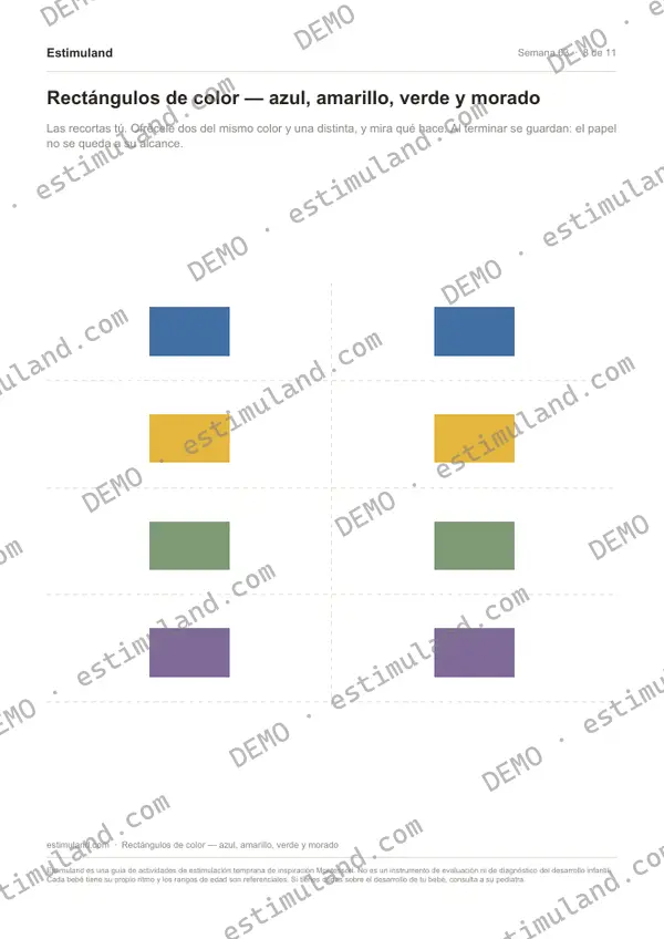 Rectángulos de color — azul, amarillo, verde y morado — hoja 8 de 11, en muestra
