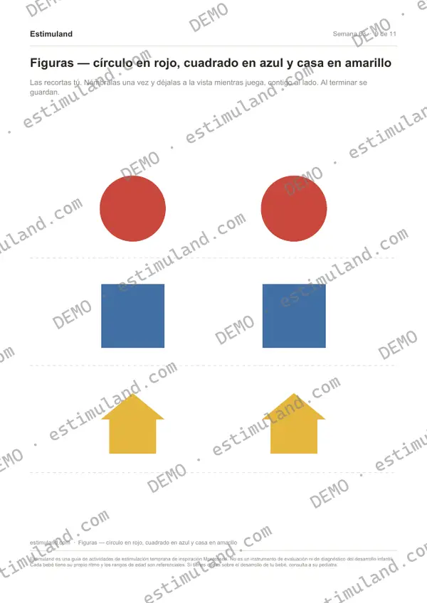 Figuras — círculo en rojo, cuadrado en azul y casa en amarillo — hoja 9 de 11, en muestra